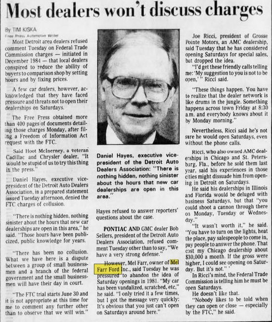 Mel Farr Ford (Northland Ford) - May 1986 Article On Dealer Operating Hours And Price-Fixing (newer photo)